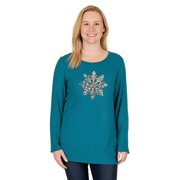2/$24 Quacker Factory Haci Sequin Ugly Christmas Sweater Teal Large #A0237 TRB2 - Picture 1 of 8